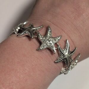 Silver Tone Starfish Link Bracelet‎ | Rhinestone Nautical Statement Bracelet